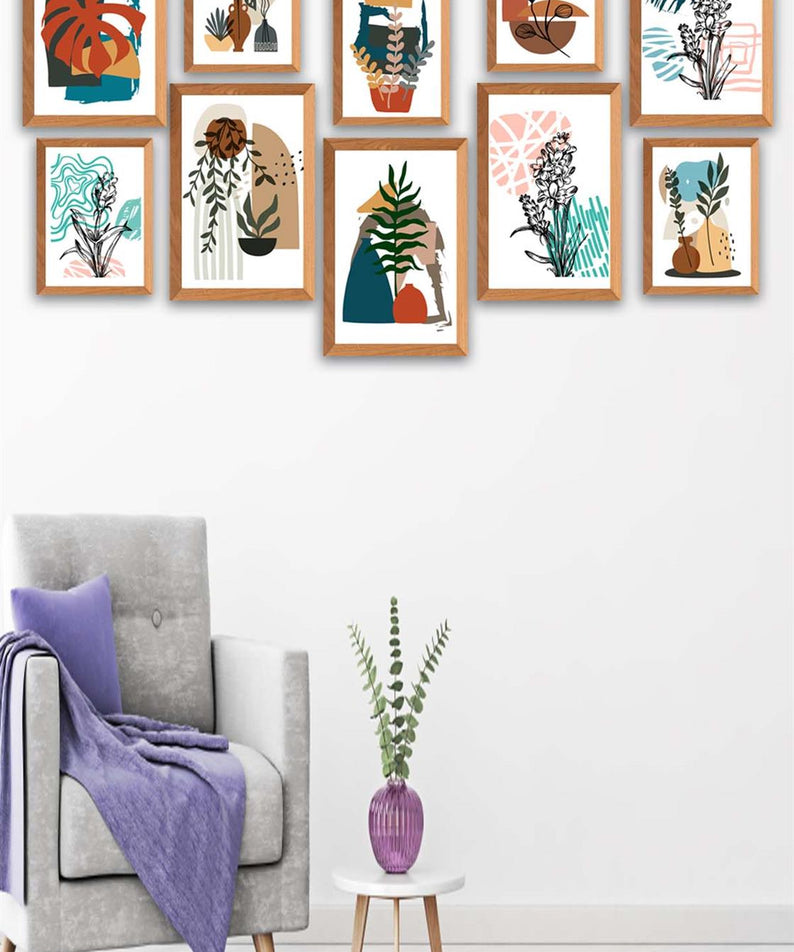 10 Parça Bohem Tarzında Ahşap Çerçeve Görünümlü Uv Baskı Mdf Tablo Seti