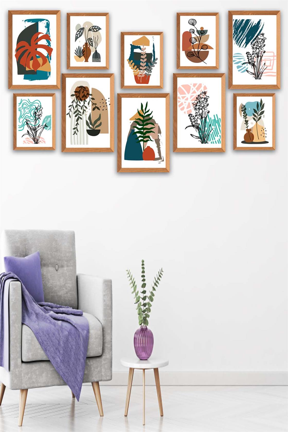 10 Parça Bohem Tarzında Ahşap Çerçeve Görünümlü Uv Baskı Mdf Tablo Seti