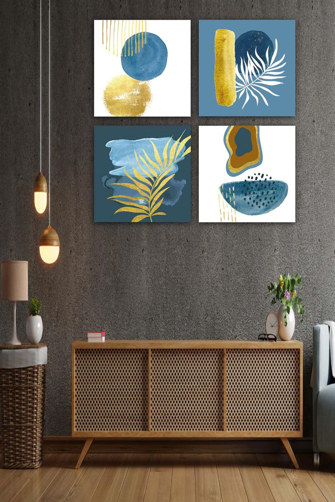 4 Parça Suluboya Botanik Tarzda Uv Baskı Tablo Seti