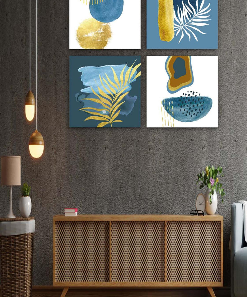 4 Parça Suluboya Botanik Tarzda Uv Baskı Tablo Seti