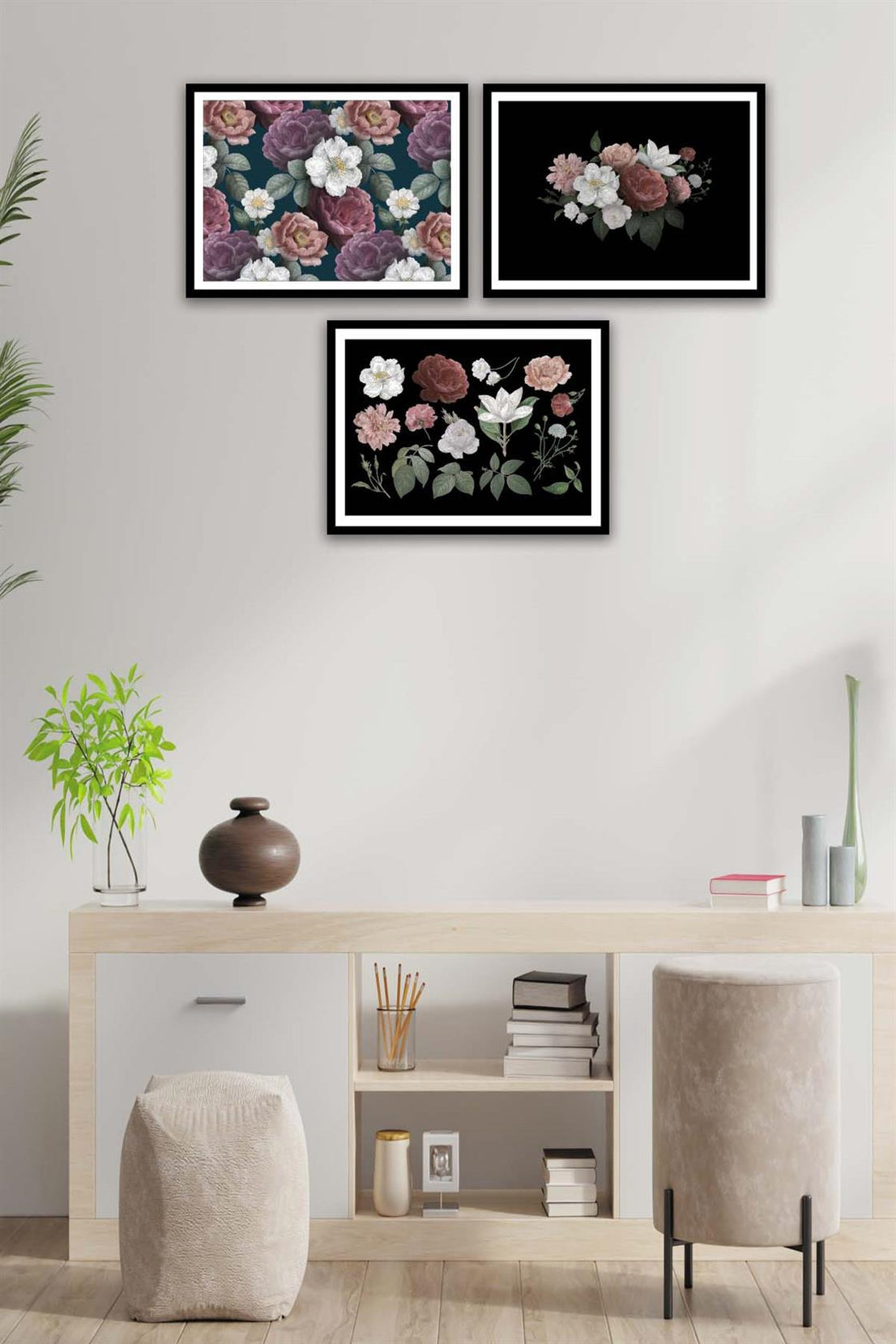 3 Parça Gül Ve Çiçek Tarzında Siyah Çerçeve Görünümlü Mdf Tablo Seti