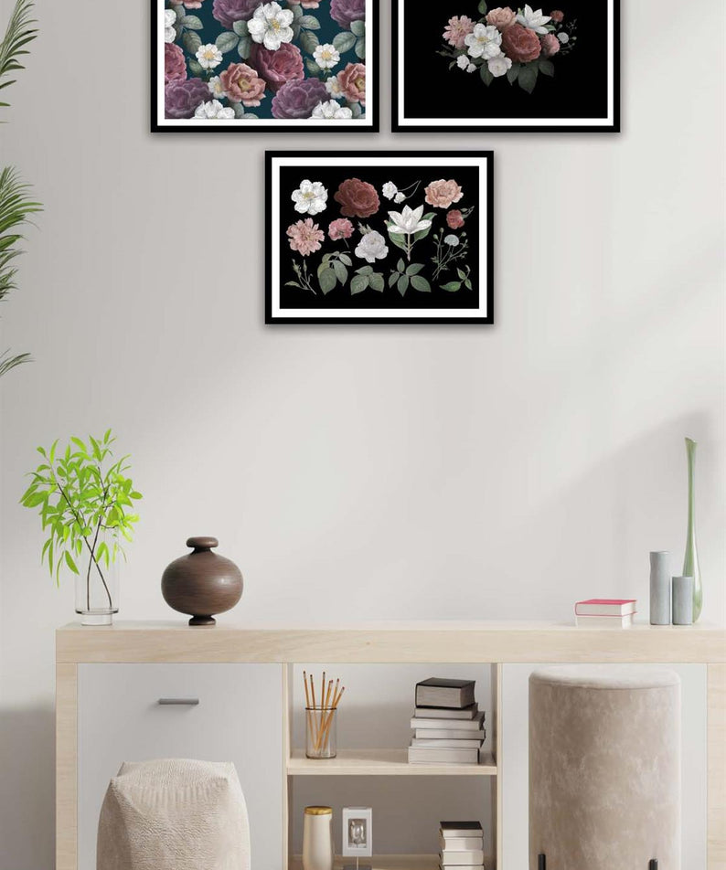 3 Parça Gül Ve Çiçek Tarzında Siyah Çerçeve Görünümlü Mdf Tablo Seti