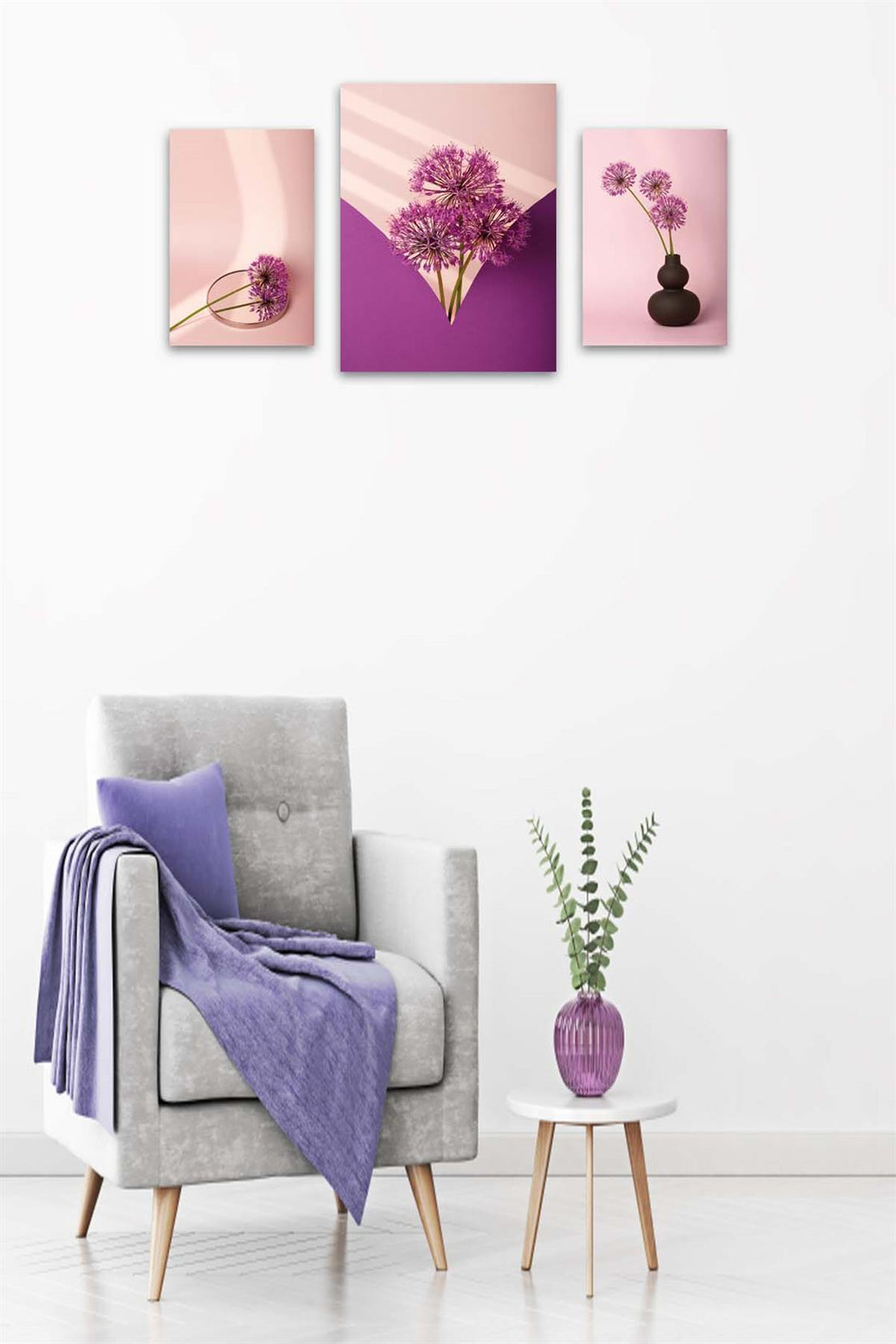 3 Parça Mor Çiçek Desenli Uv Baskı Tablo Seti