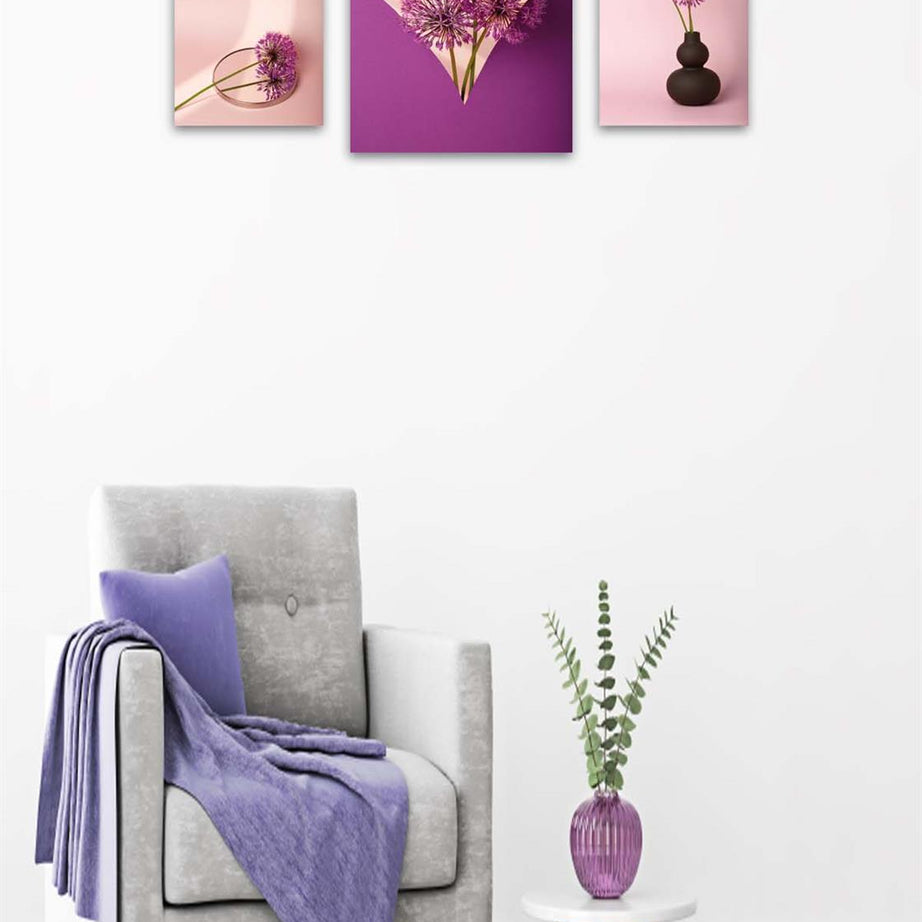 3 Parça Mor Çiçek Desenli Uv Baskı Tablo Seti