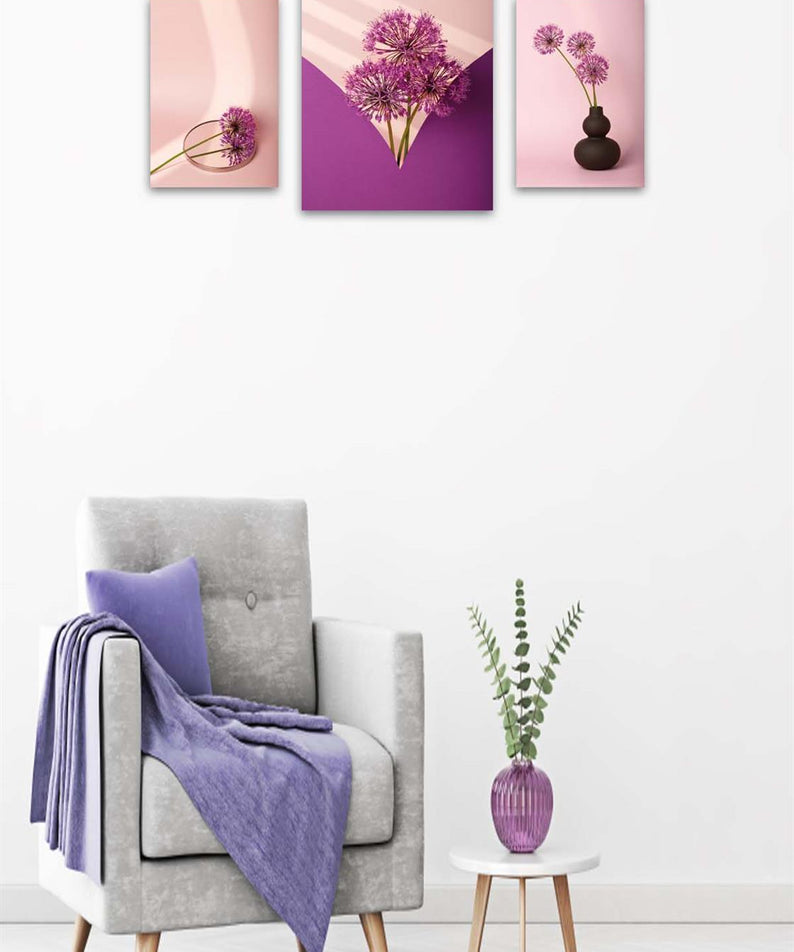 3 Parça Mor Çiçek Desenli Uv Baskı Tablo Seti