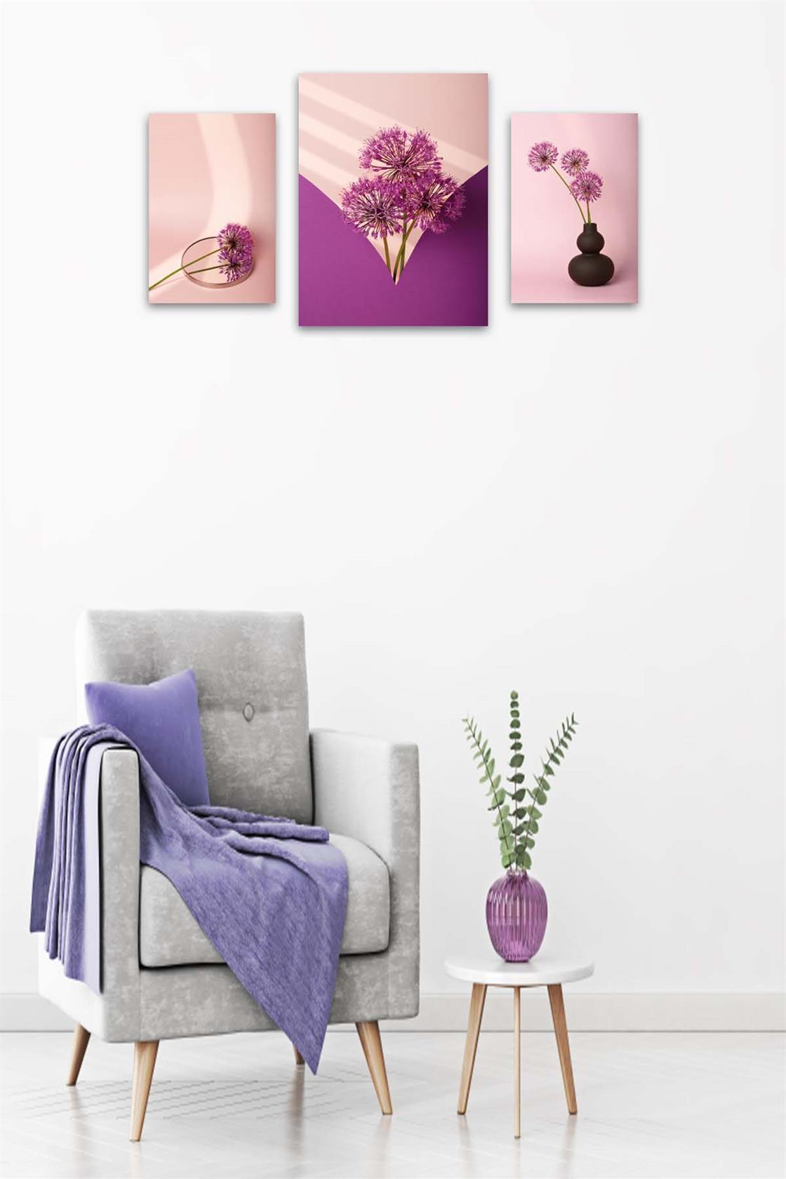 3 Parça Mor Çiçek Desenli Uv Baskı Tablo Seti