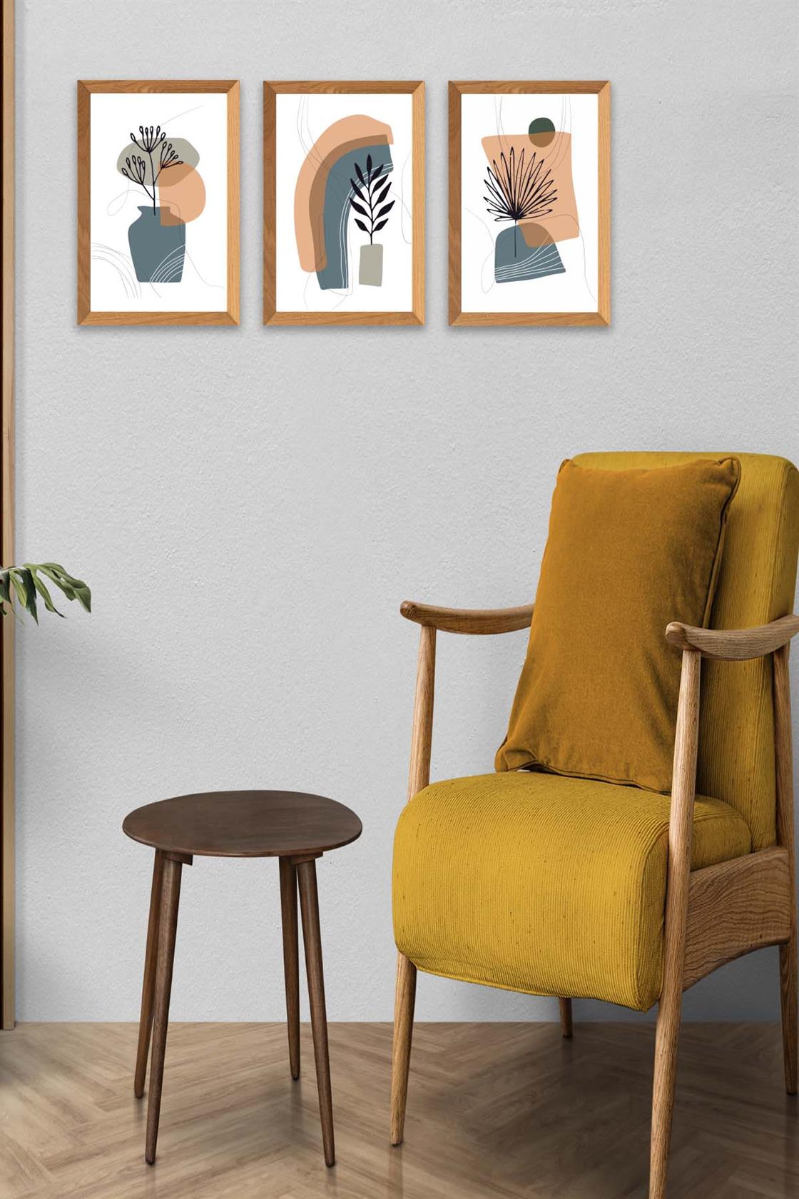 3 Parça Bohem Modern Tarzda (Ahşap Çerçeve Görünümlü) Uv Baskı Tablo Seti