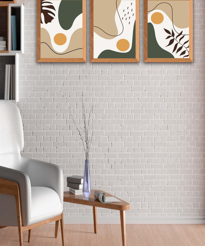 3 Parça Modern Bohem Tarzda Ahşap Çerçeve Görünümlü Uv Baskı Mdf Tablo Seti