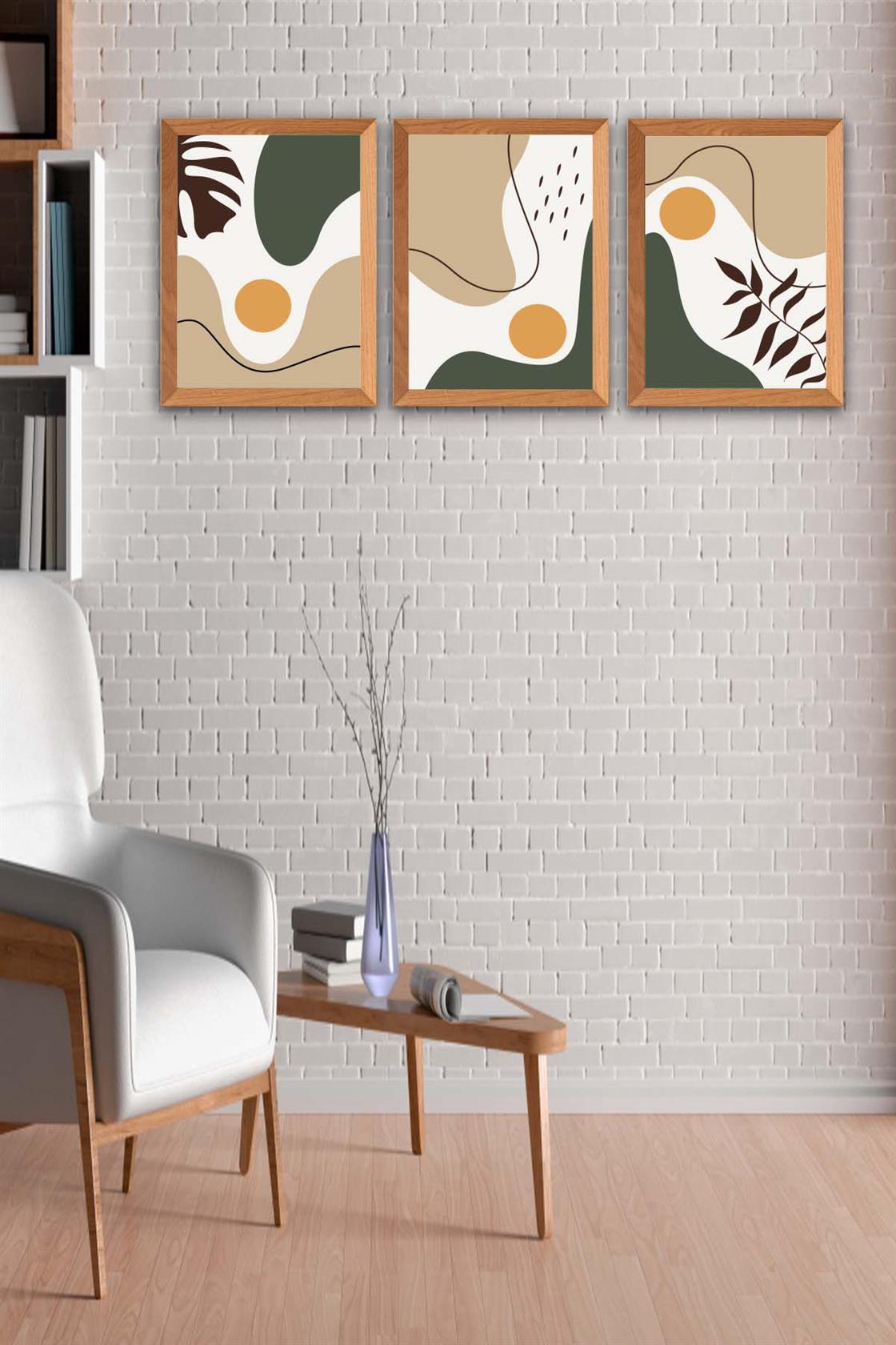 3 Parça Modern Bohem Tarzda Ahşap Çerçeve Görünümlü Uv Baskı Mdf Tablo Seti