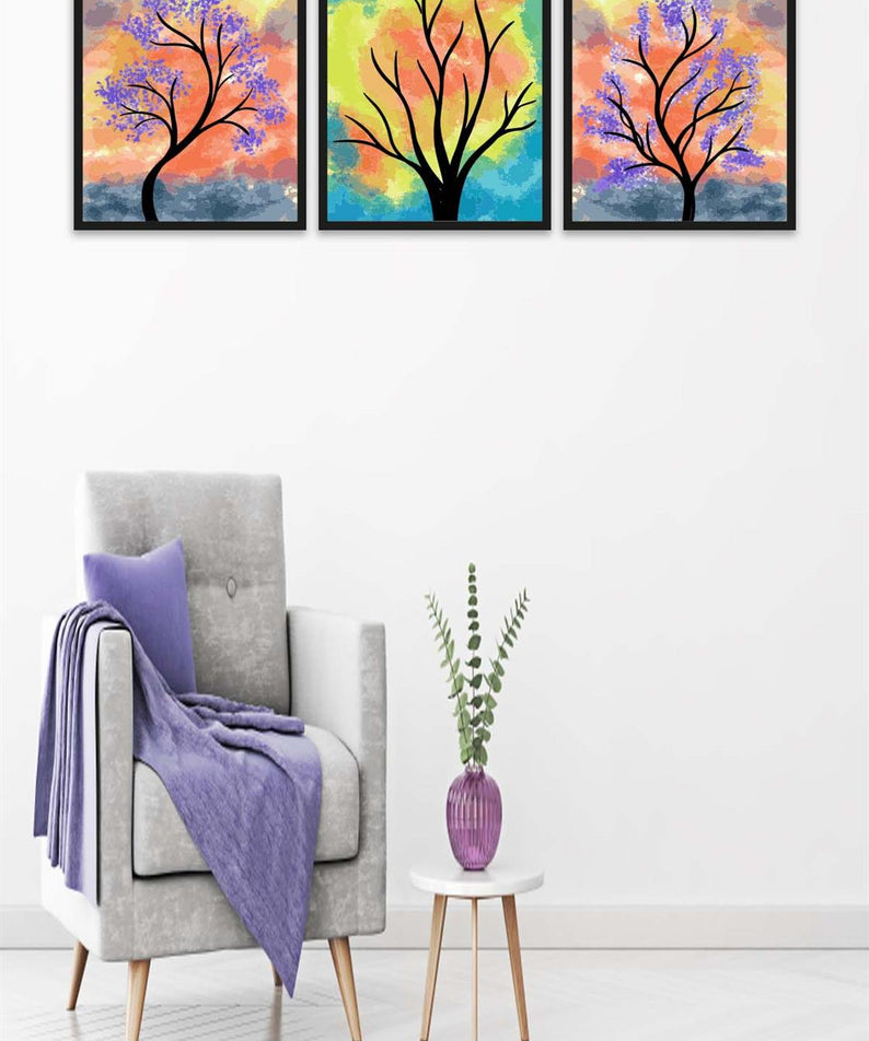 3 Parça Renkli Kuru Ağaç Tarzda Sanatsal Siyah Çerçeve Görünümlü Uv Baskı Mdf Tablo Seti
