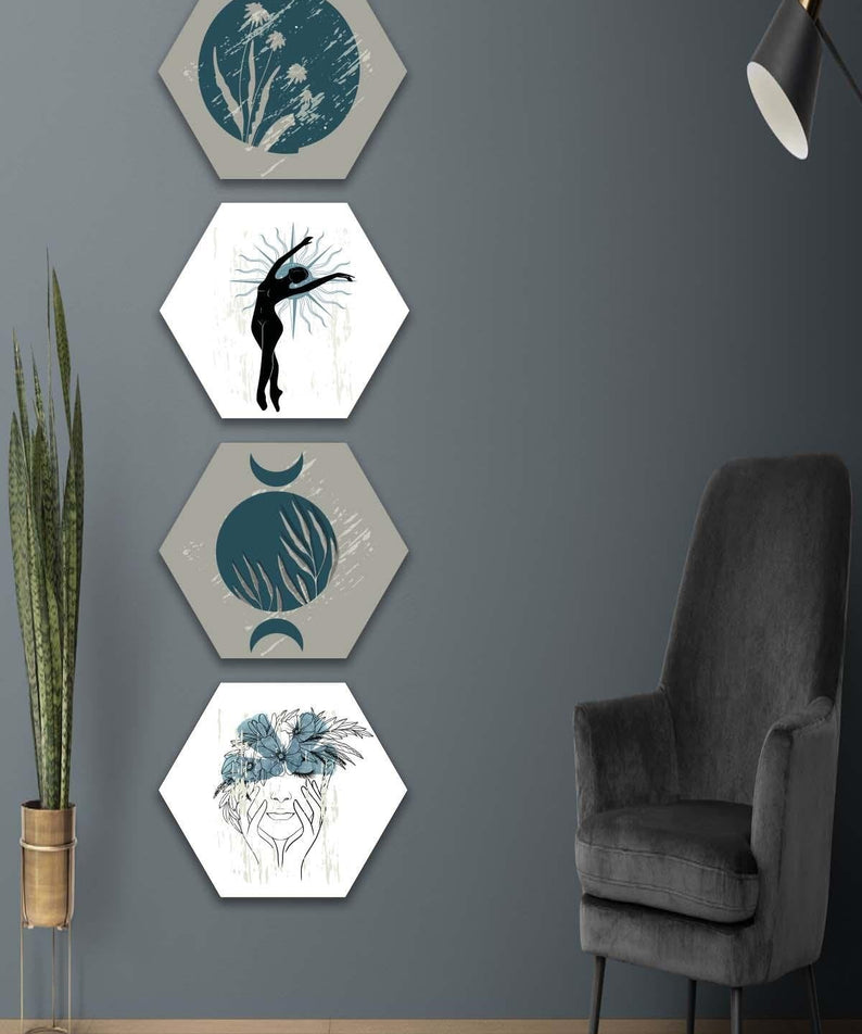 4 Parça Sanatsal Tarzda Petek Tasarım Tablo Seti