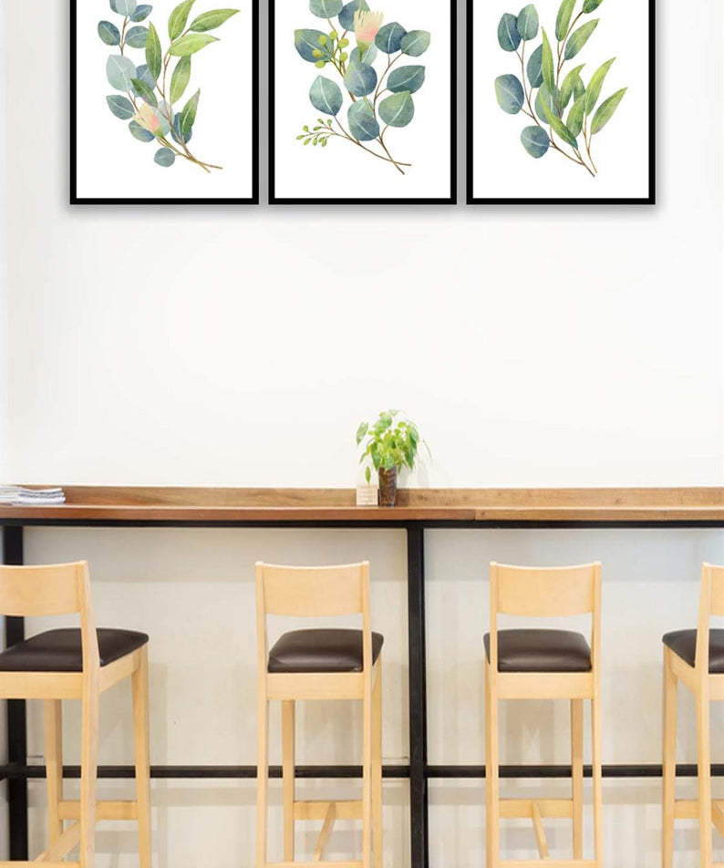 3 Parça Suluboya Tarzında Botanik Çiçekler Tablo Seti