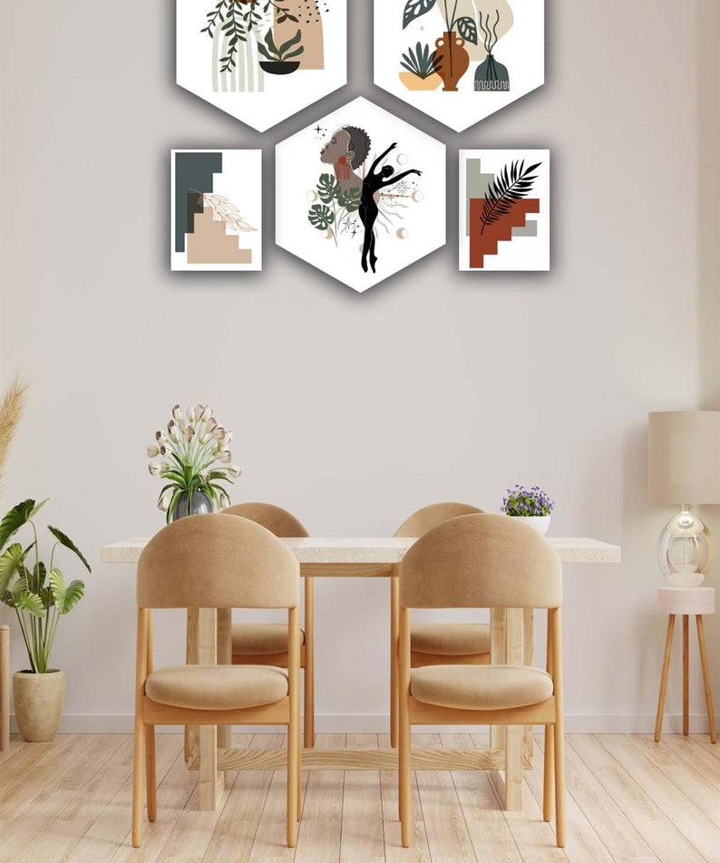 5 Parça Petek Ve Dikdörtgen Tasarım Bohem Tarzında Uv Baskı Mdf Tablo Seti