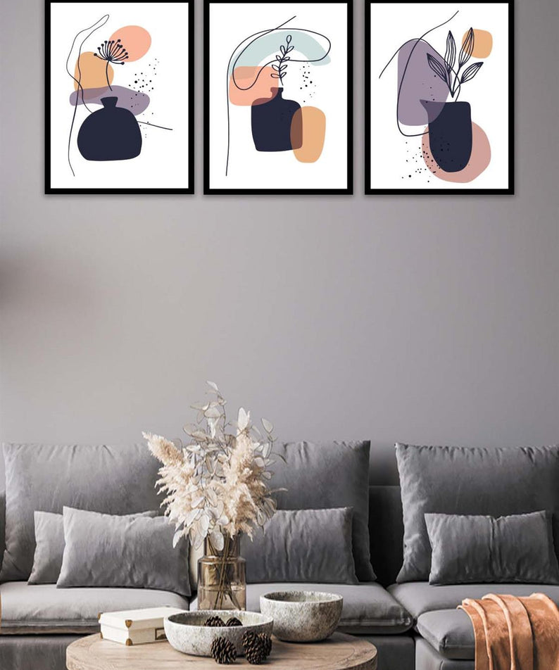 3 Parça Bohem Tarzında Sanatsal Siyah Çerçeve Görünümlü Dijital Baskı Tablo Seti