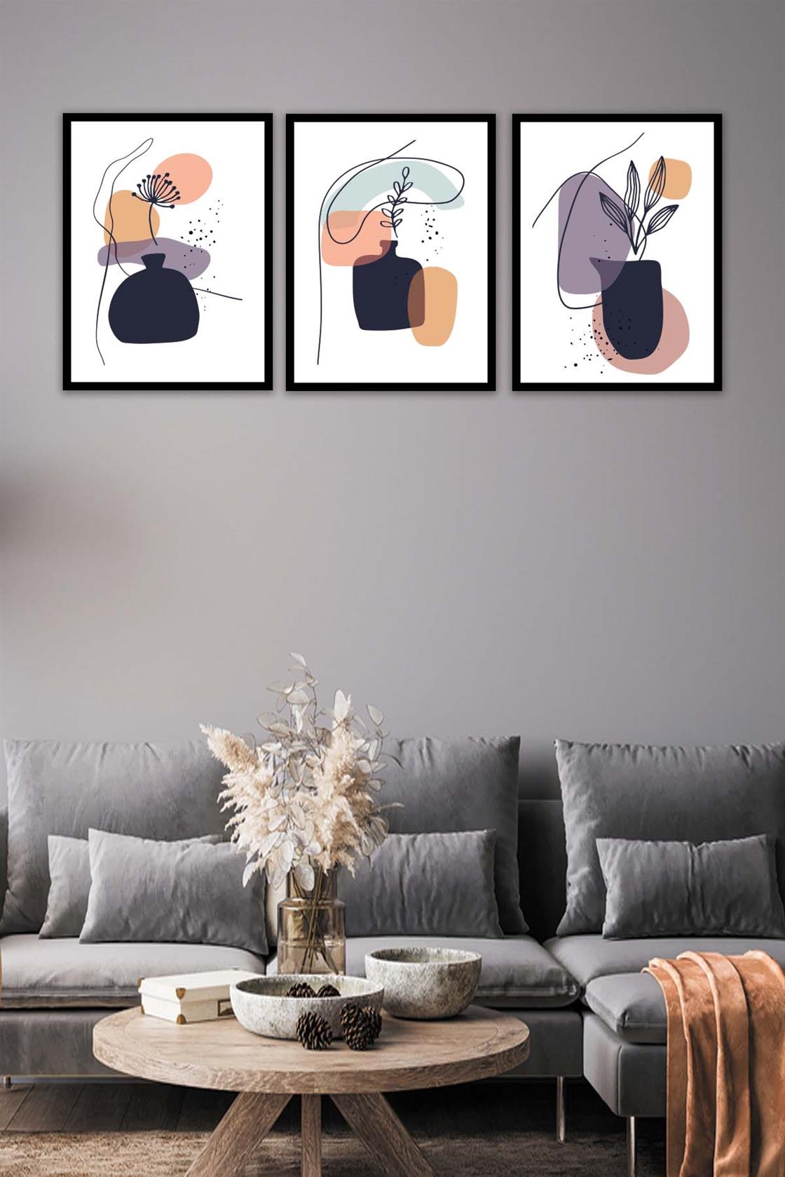 3 Parça Bohem Tarzında Sanatsal Siyah Çerçeve Görünümlü Dijital Baskı Tablo Seti