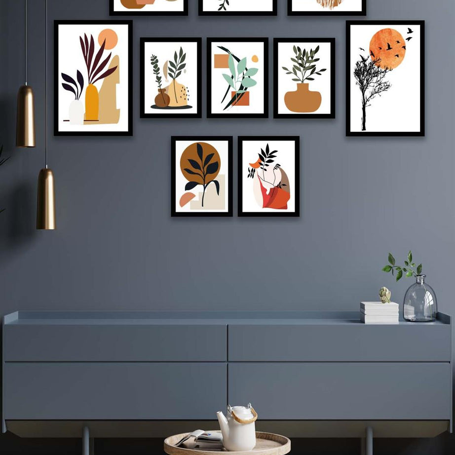 10 Parça Modern Sanatsal Bohem Tarzda (Siyah çerçeve görünümlü) Uv Baskı Mdf Tablo Seti