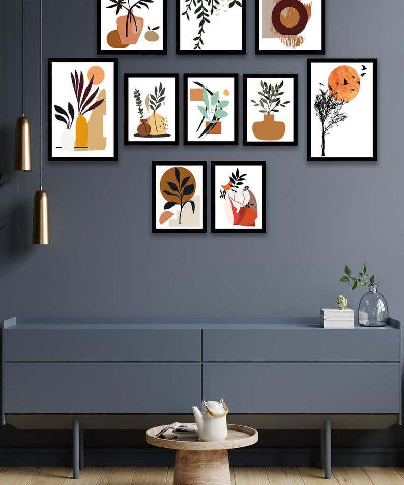 10 Parça Modern Sanatsal Bohem Tarzda (Siyah çerçeve görünümlü) Uv Baskı Mdf Tablo Seti