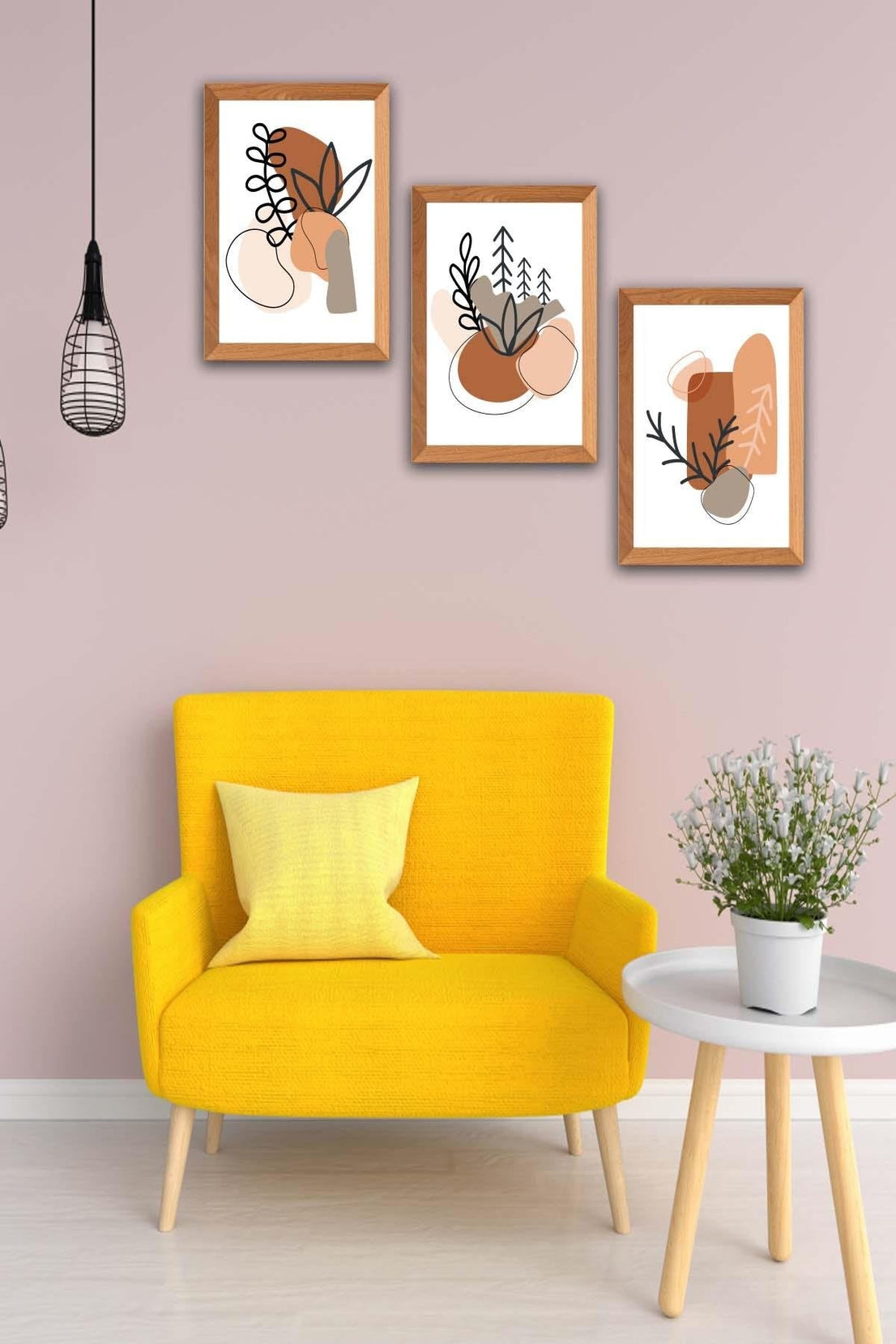 Bohem Tarzında Dal Temalı Ahşap Çerçeve Görünümlü Tablo Seti