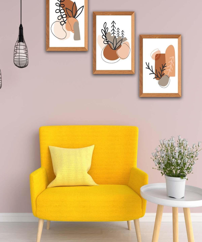 Bohem Tarzında Dal Temalı Ahşap Çerçeve Görünümlü Tablo Seti