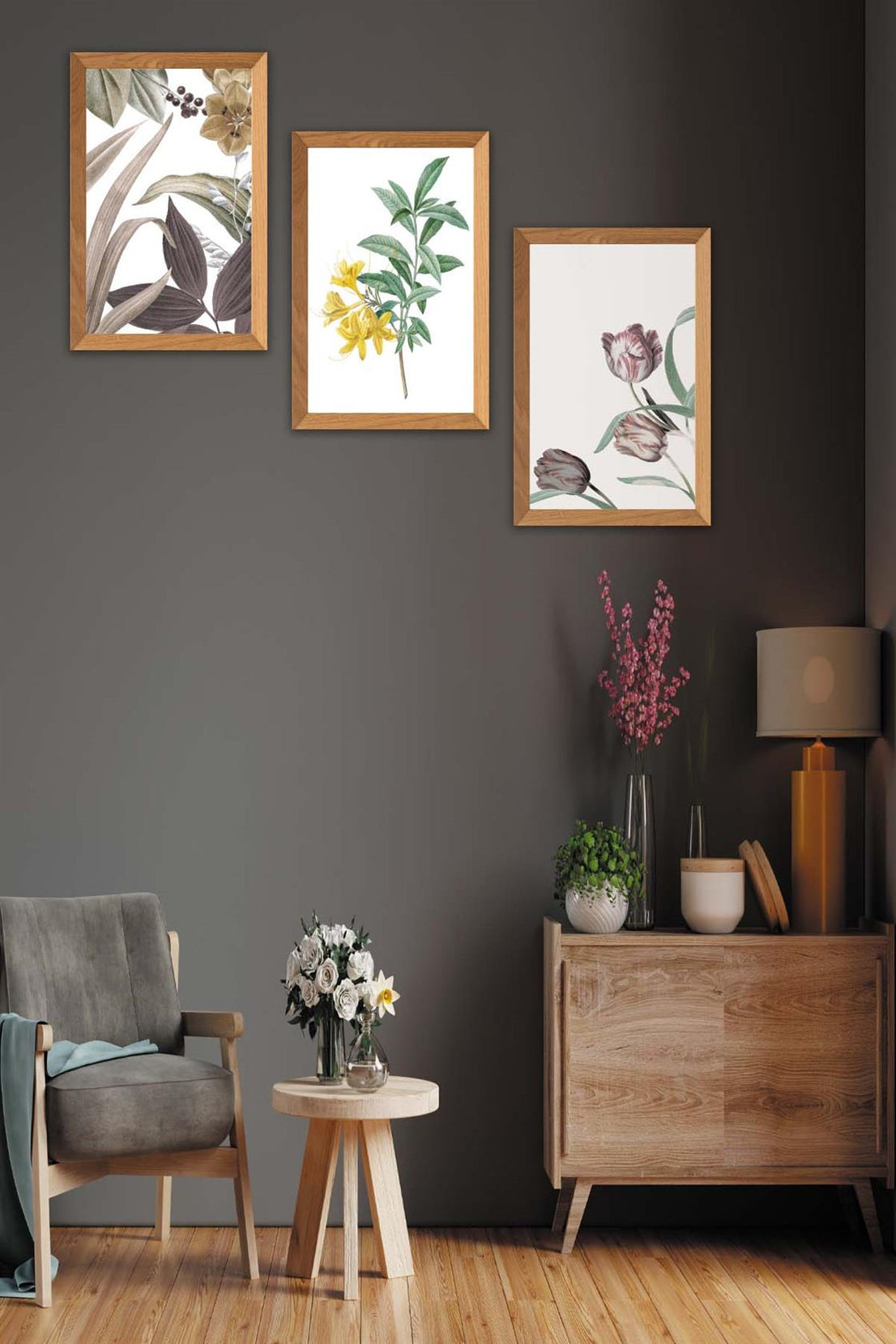 3 Parça Renkli Çiçekler Ahşap Çerçeve Görünümlü Dijital Baskı Tablo Seti