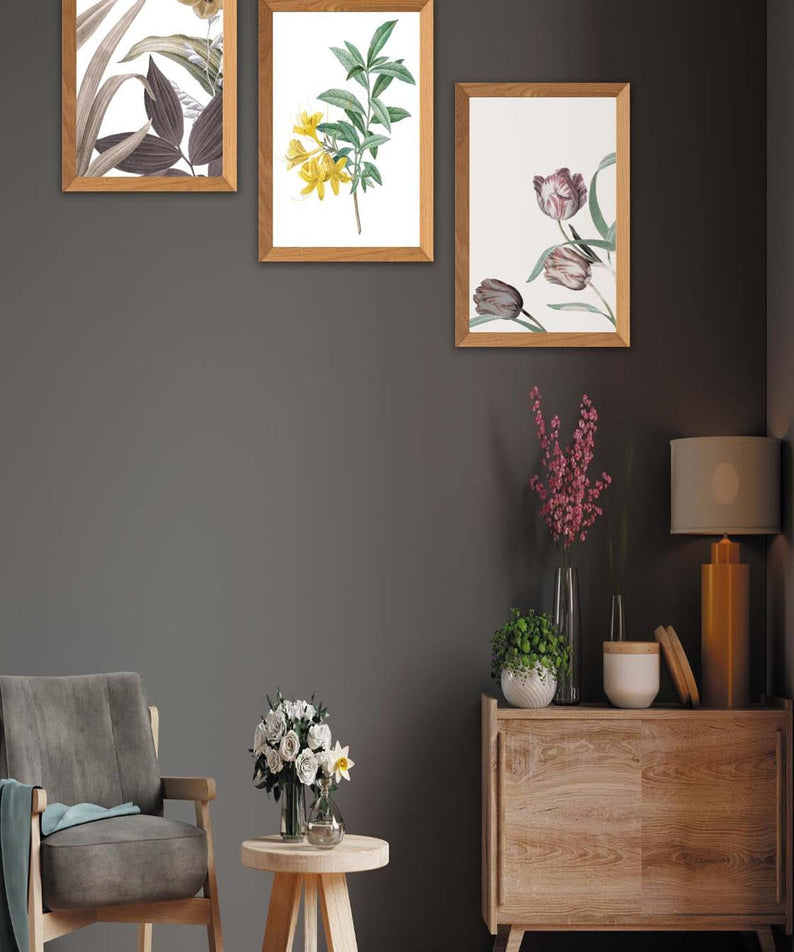 3 Parça Renkli Çiçekler Ahşap Çerçeve Görünümlü Dijital Baskı Tablo Seti