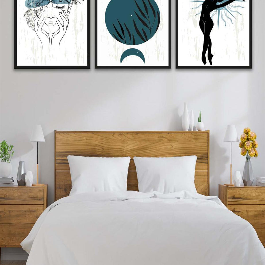 3 Parça Modern Sanat Tarzında Lotus Tasarım (Siyah çerçeve görünümlü) Uv Baskı Mdf Tablo Seti