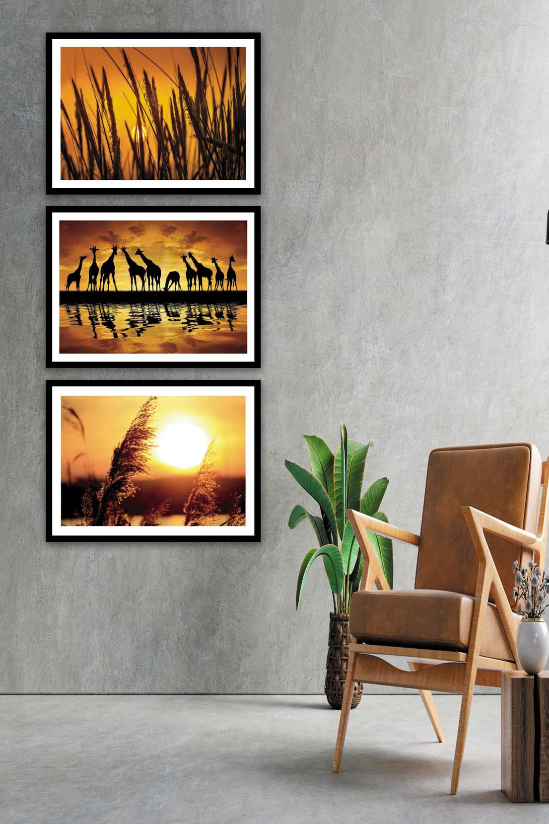 Afrika Zürafa Temalı Siyah Çerçeve Görünümlü Tablo Seti