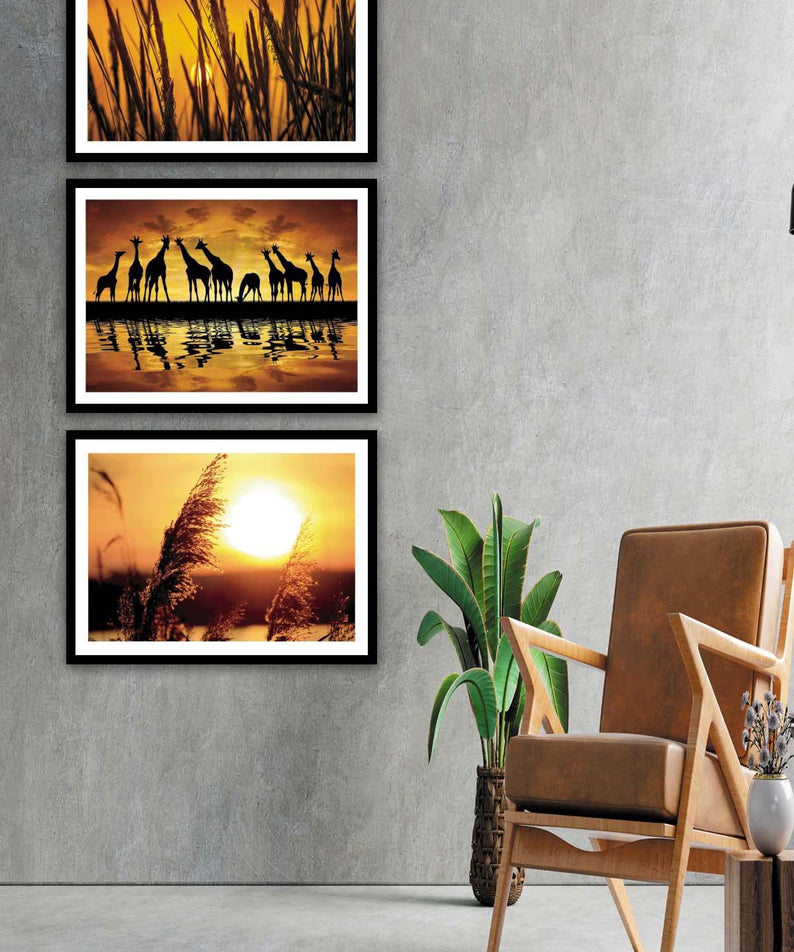 Afrika Zürafa Temalı Siyah Çerçeve Görünümlü Tablo Seti