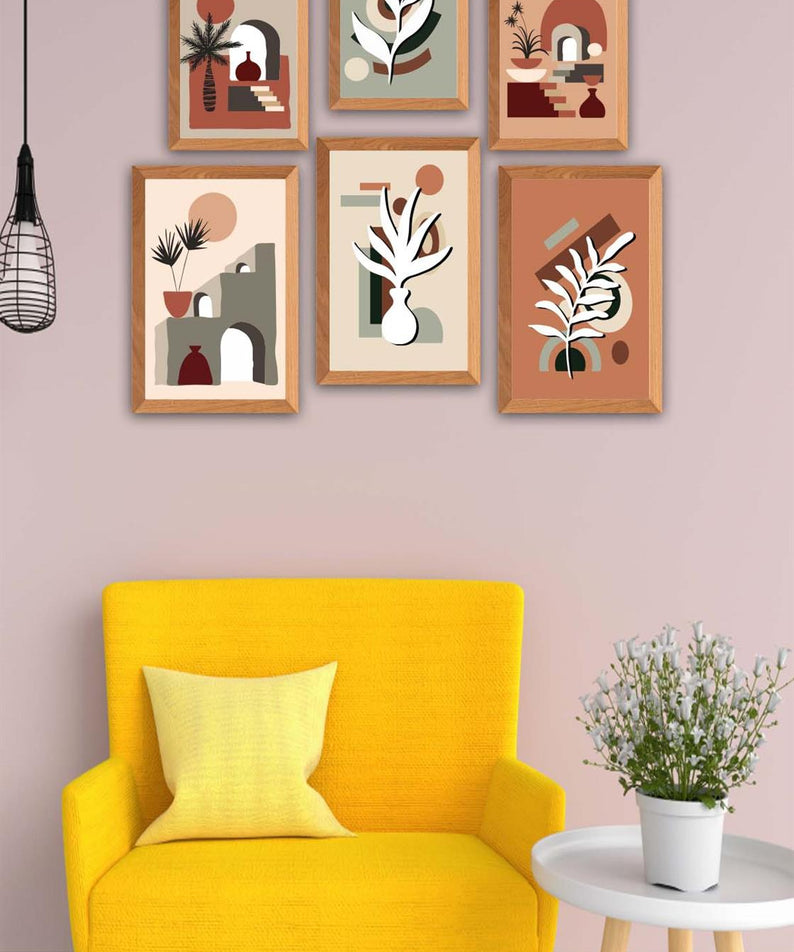 6 Parça Bohem Tarzda (Ahşap Çerçeve Görünümlü) Uv Baskı Tablo Seti