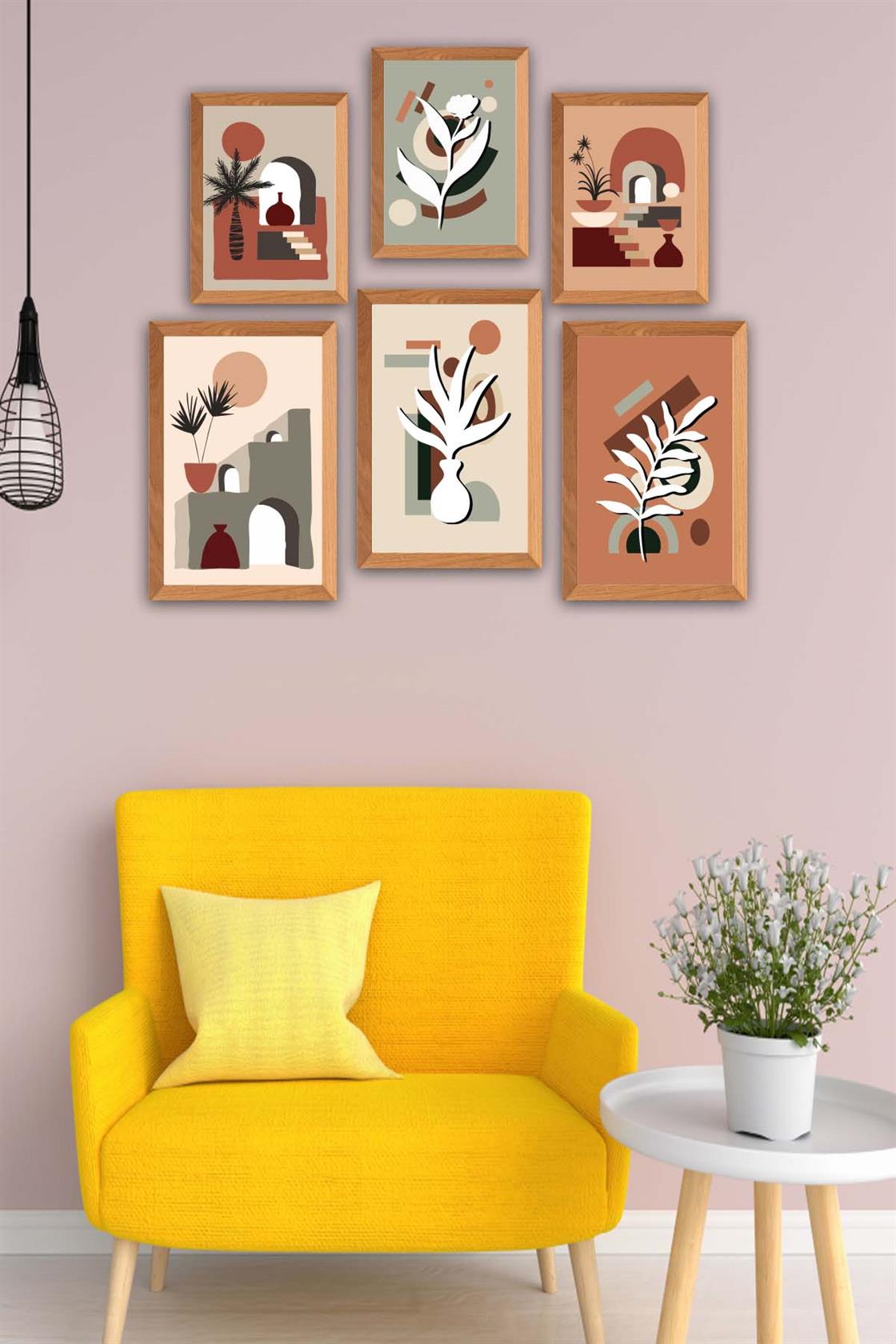 6 Parça Bohem Tarzda (Ahşap Çerçeve Görünümlü) Uv Baskı Tablo Seti