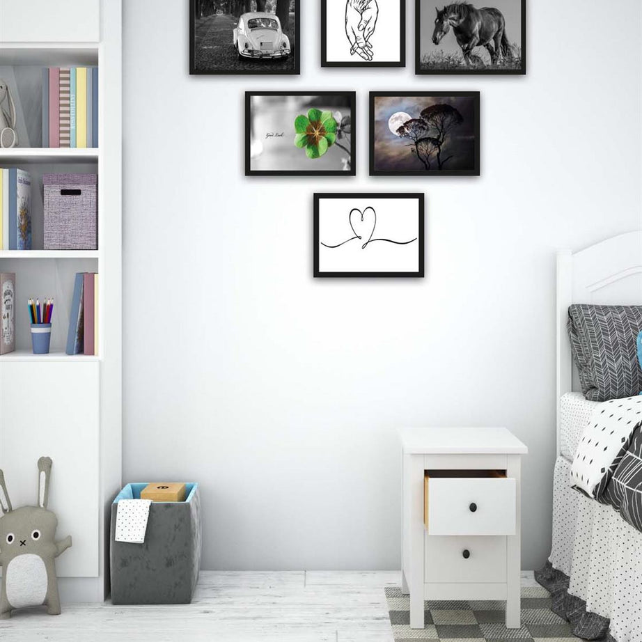 9 Parça Siyah Beyaz Tarzında Siyah Çerçeve Görünümlü Uv Baskı Mdf Tablo Seti