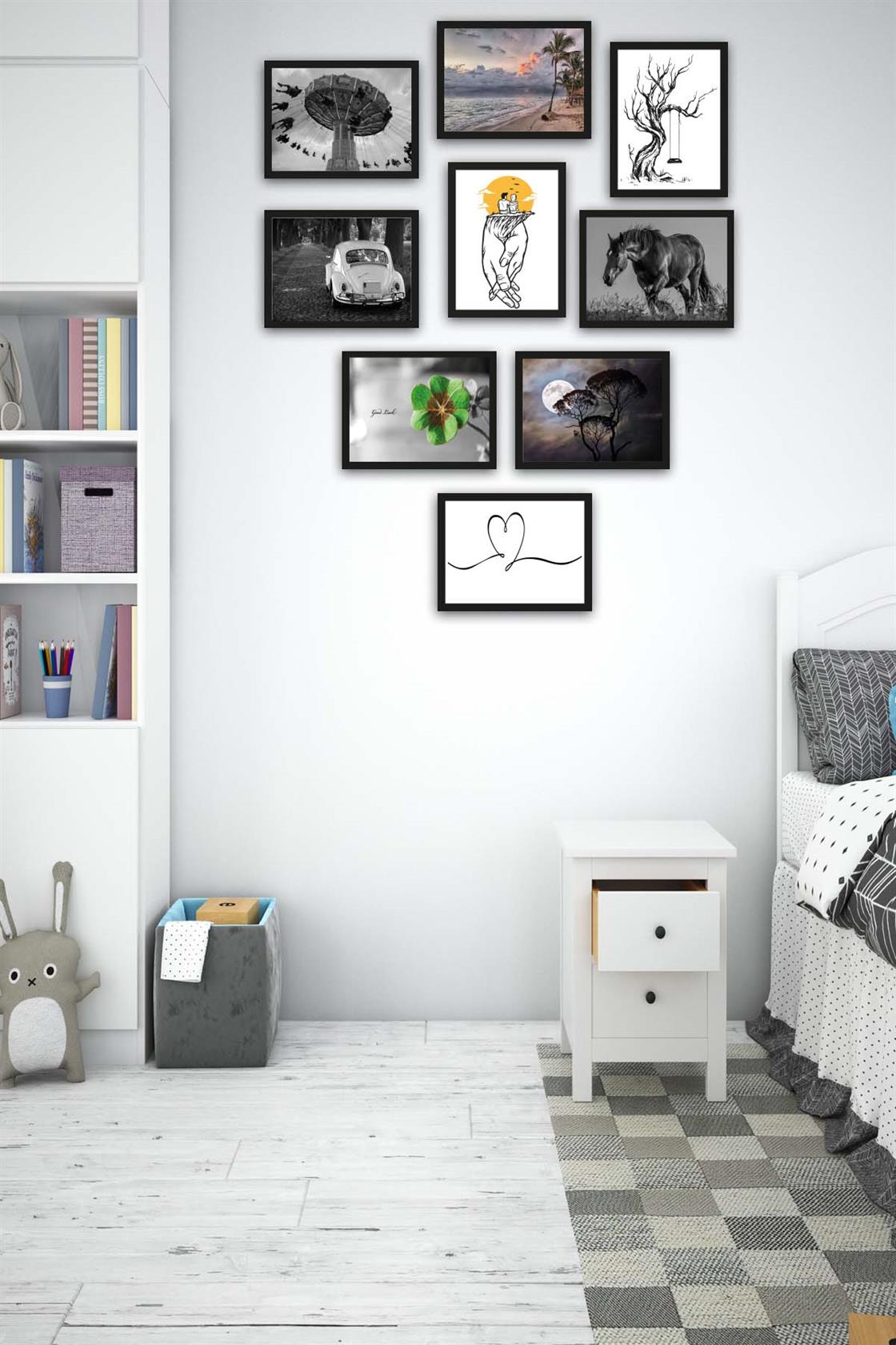 9 Parça Siyah Beyaz Tarzında Siyah Çerçeve Görünümlü Uv Baskı Mdf Tablo Seti