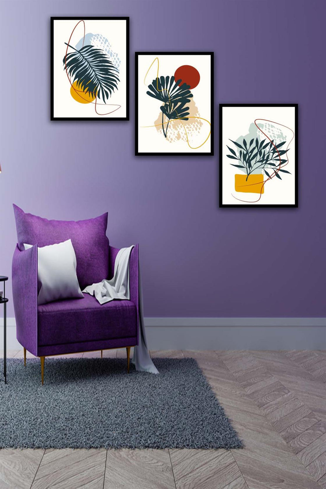 3 Parça Botanic Tarzda Sanatsal Siyah Çerçeve Görünümlü Uv Baskı Mdf Tablo Seti