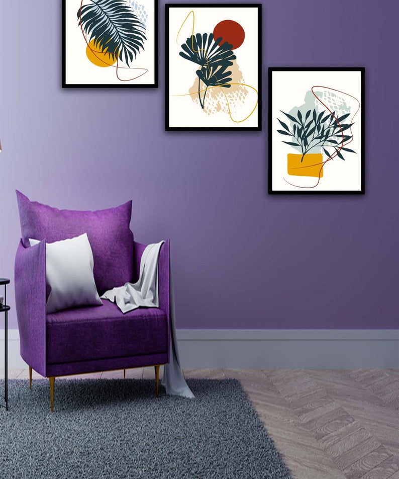 3 Parça Botanic Tarzda Sanatsal Siyah Çerçeve Görünümlü Uv Baskı Mdf Tablo Seti