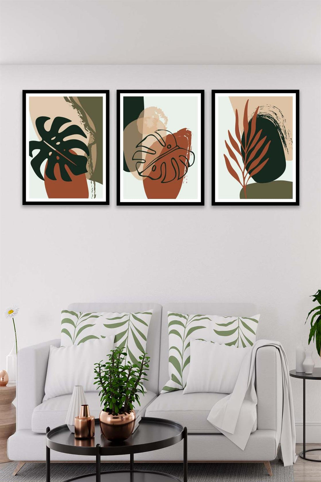 3 Parça Bohem Ve Botanik Tarzda (Siyah Çerçeve Görünümlü) Uv Baskı Mdf Tablo Seti