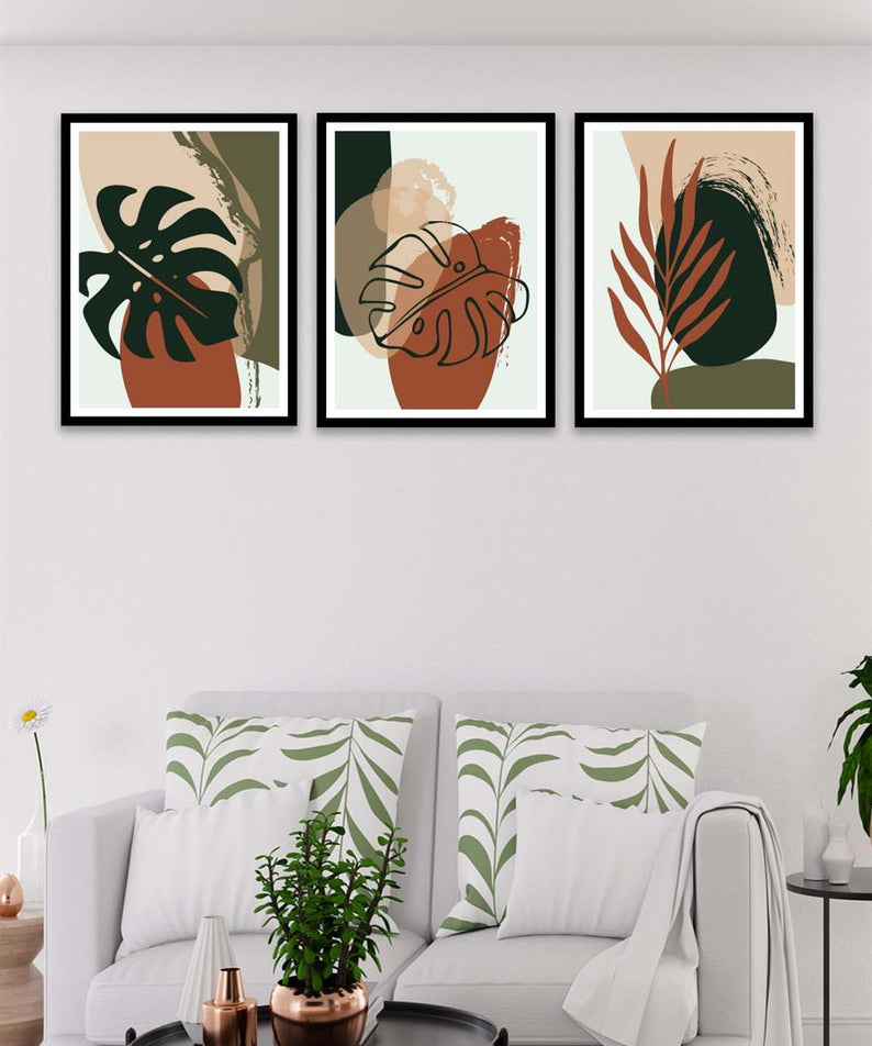 3 Parça Bohem Ve Botanik Tarzda (Siyah Çerçeve Görünümlü) Uv Baskı Mdf Tablo Seti
