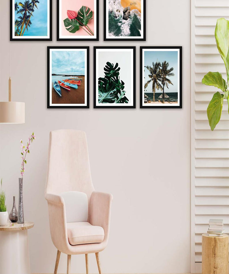 6 Parça Modern Tarzda Manzara Fotoğraflı Siyah Çerçeve Görünümlü Dijital Baskı Tablo Seti