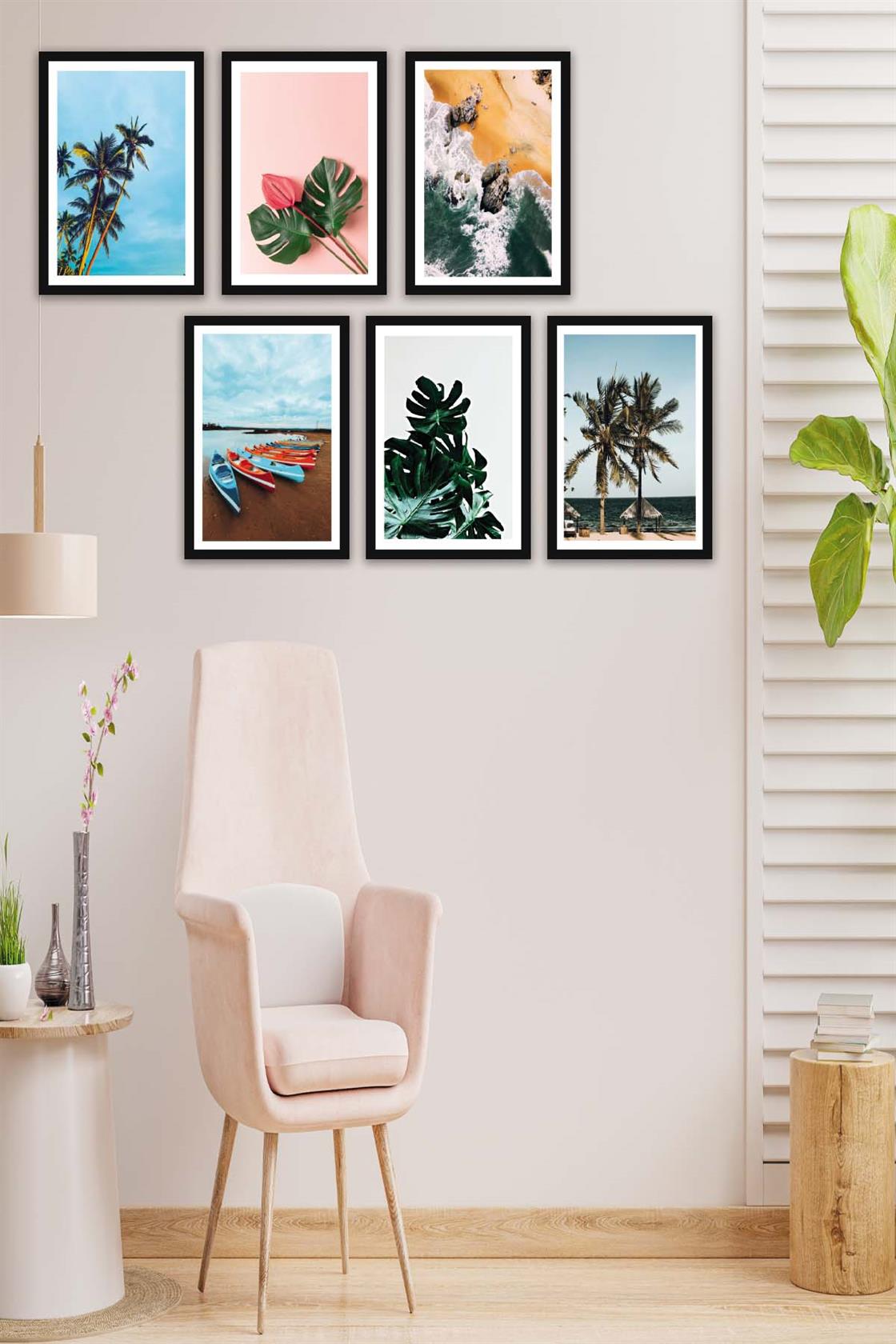 6 Parça Modern Tarzda Manzara Fotoğraflı Siyah Çerçeve Görünümlü Dijital Baskı Tablo Seti