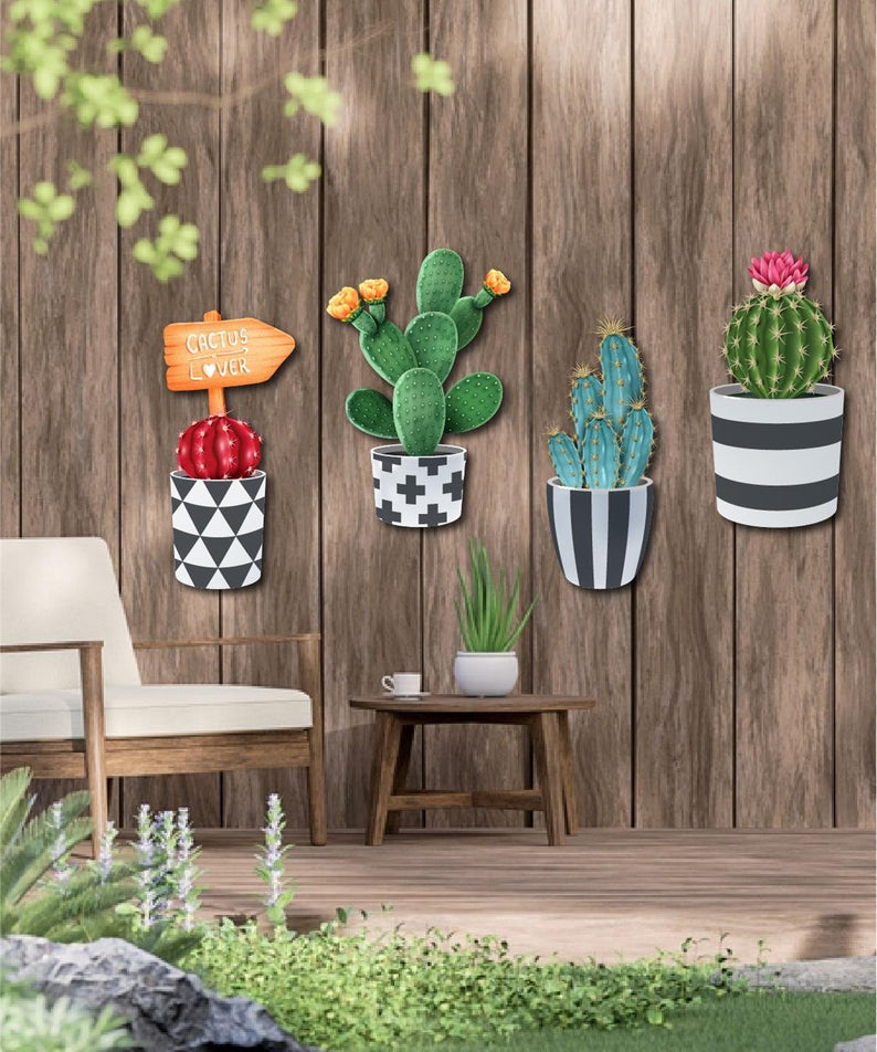 4 Parça Duvar Dekorasyon Ahşap Kaktüs Seti