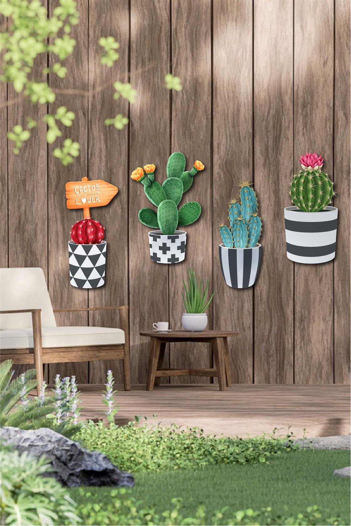 4 Parça Duvar Dekorasyon Ahşap Kaktüs Seti