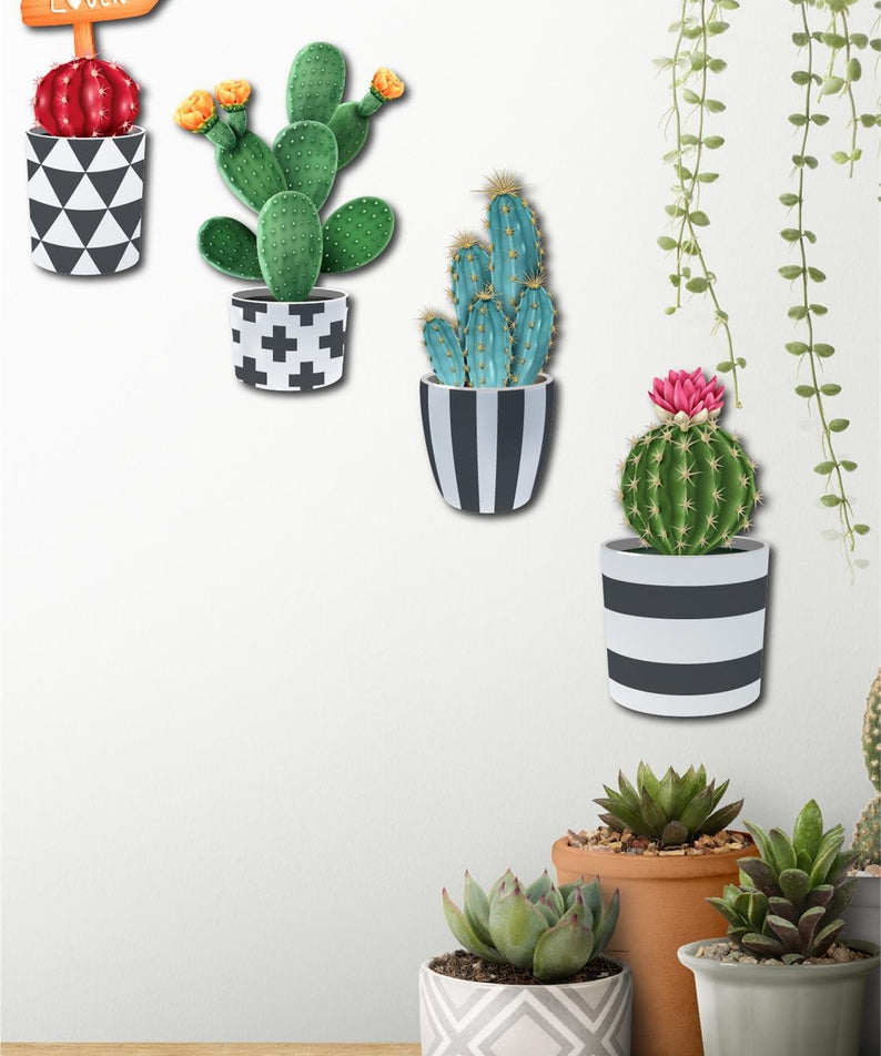 4 Parça Duvar Dekorasyon Ahşap Kaktüs Seti