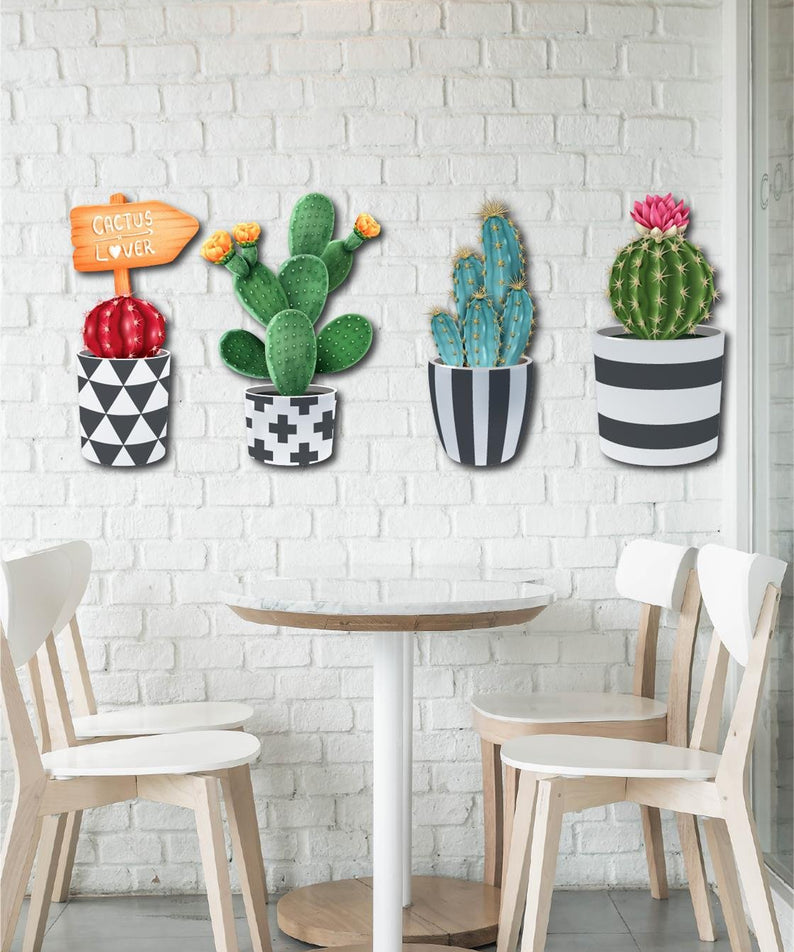 4 Parça Duvar Dekorasyon Ahşap Kaktüs Seti