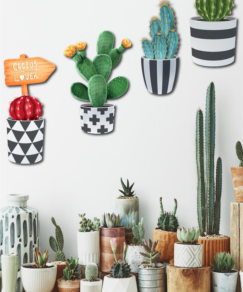 4 Parça Duvar Dekorasyon Ahşap Kaktüs Seti