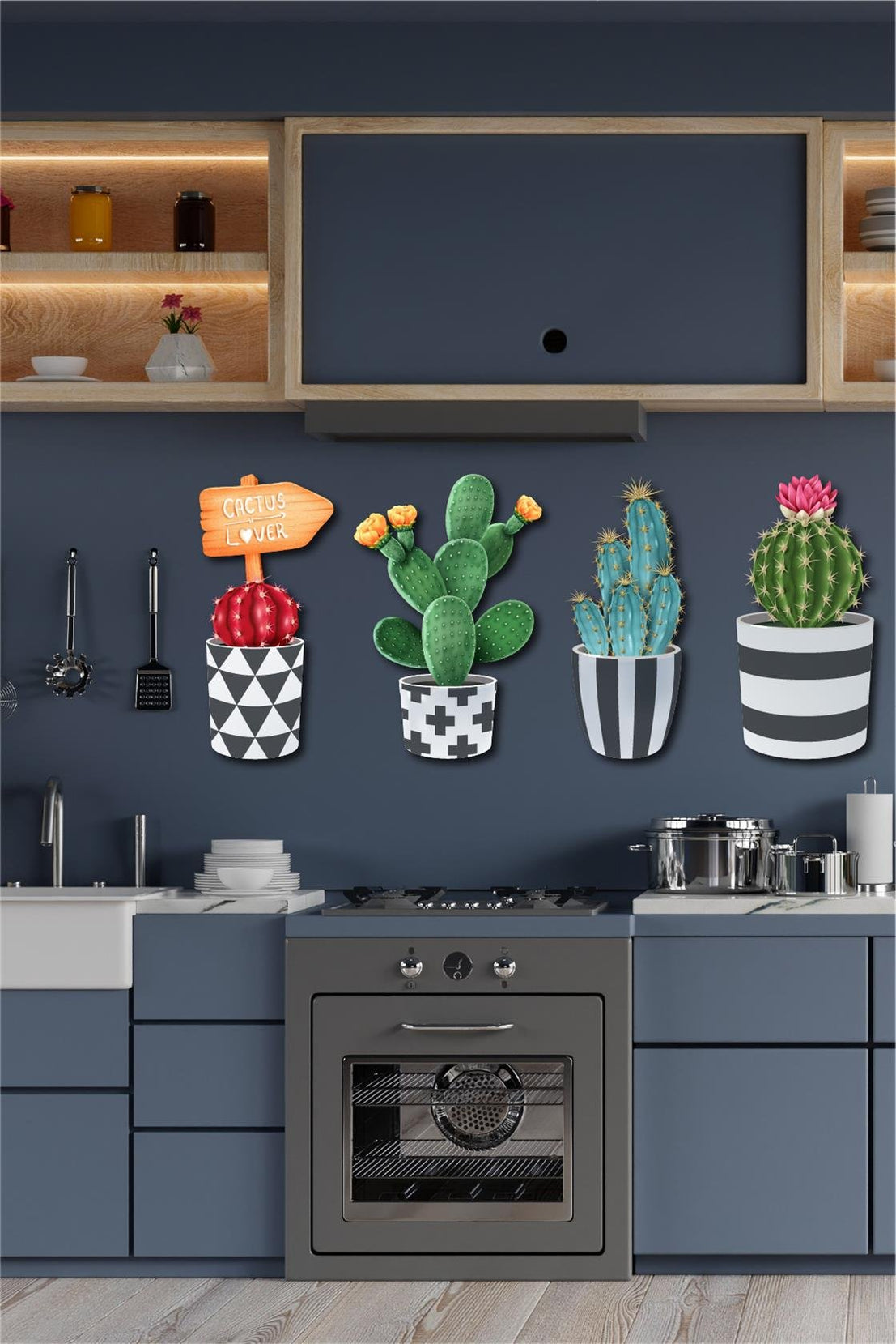 4 Parça Duvar Dekorasyon Ahşap Kaktüs Seti