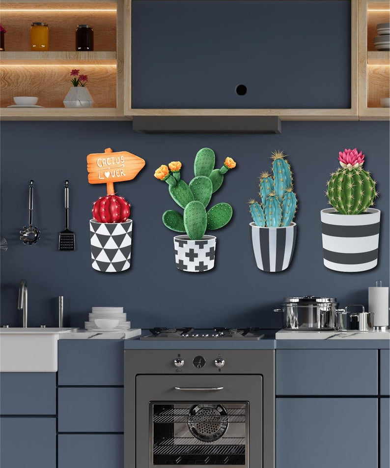 4 Parça Duvar Dekorasyon Ahşap Kaktüs Seti