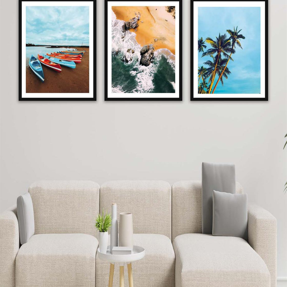 3 Parça Modern Tarzda Manzara Fotoğraflı Siyah Çerçeve Görünümlü Dijital Baskı Tablo Seti