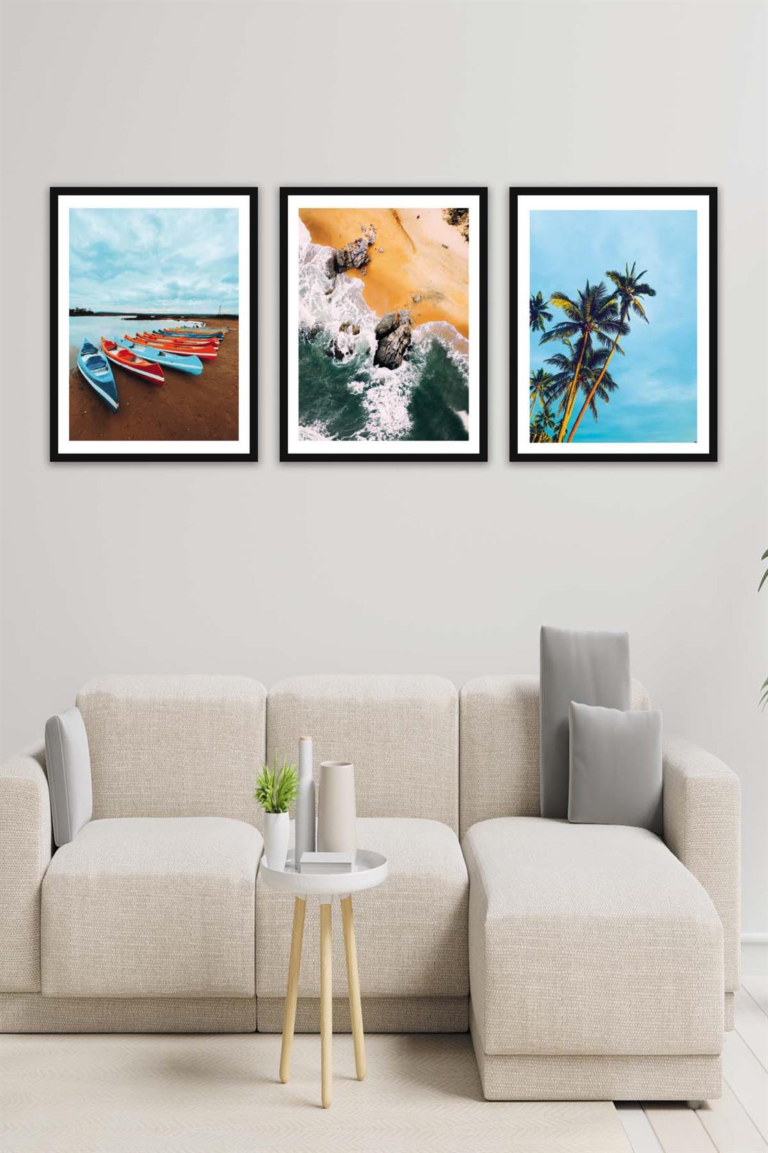 3 Parça Modern Tarzda Manzara Fotoğraflı Siyah Çerçeve Görünümlü Dijital Baskı Tablo Seti