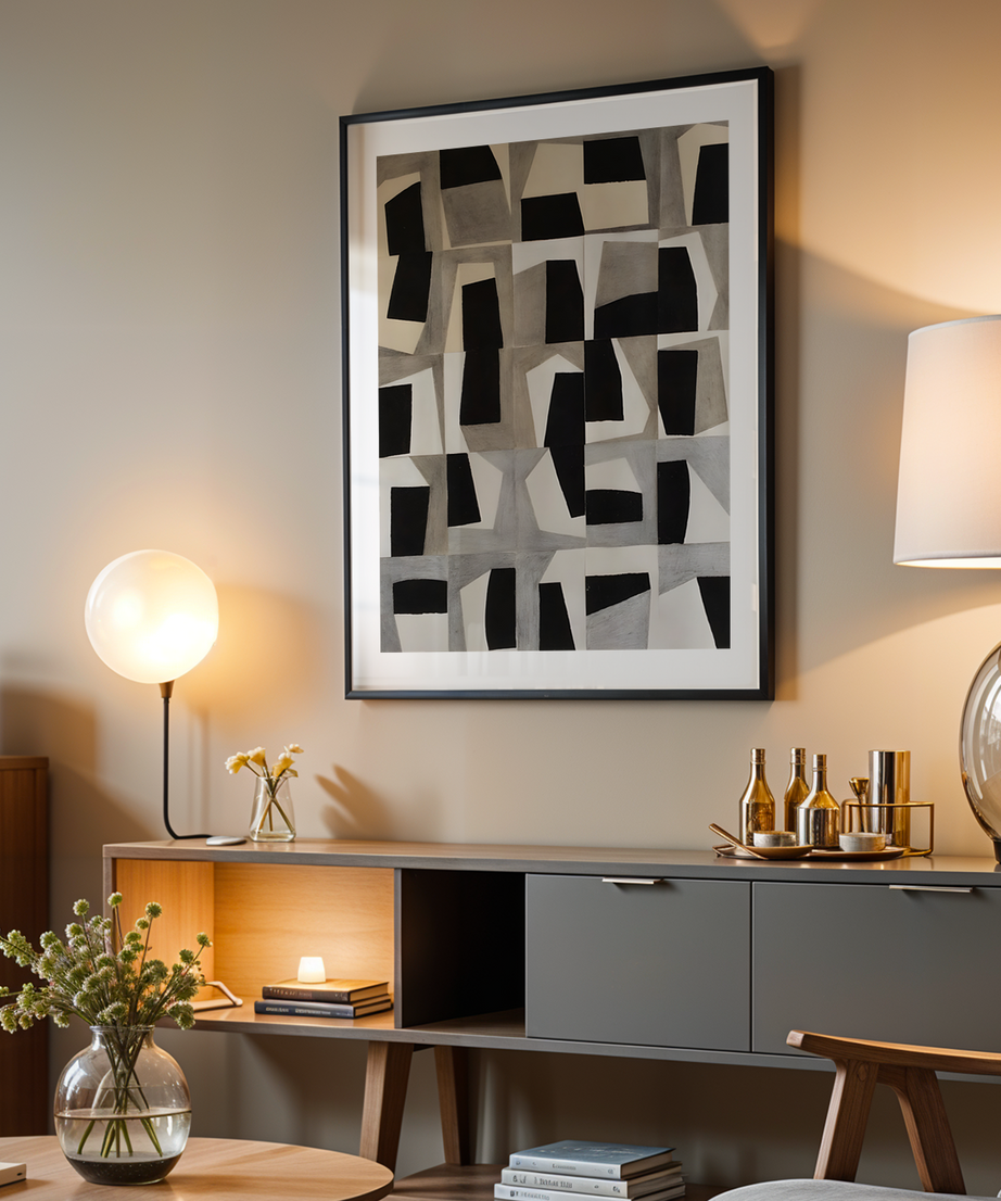 Abstract Blocks Tek Parça Siyah Çerçeveli Ahşap Tablo
