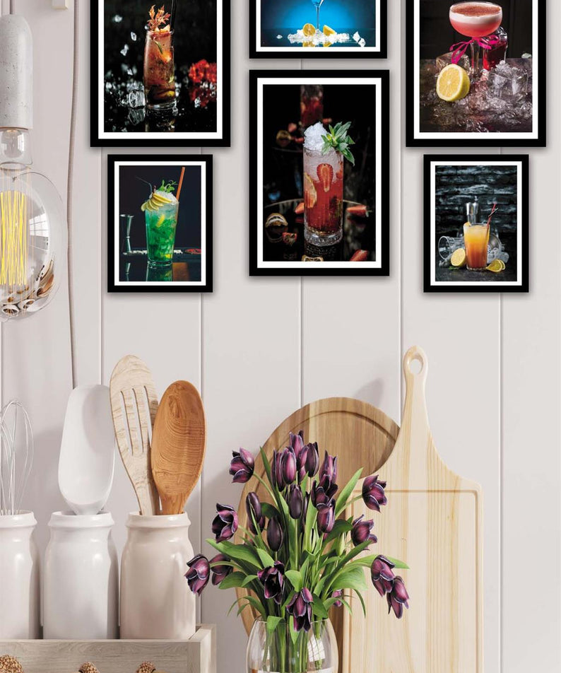 6 Parça İştah Açıcı Meyve Kokteyl Siyah Çerçeve Görünümlü Mdf Ahşap Tablo Seti