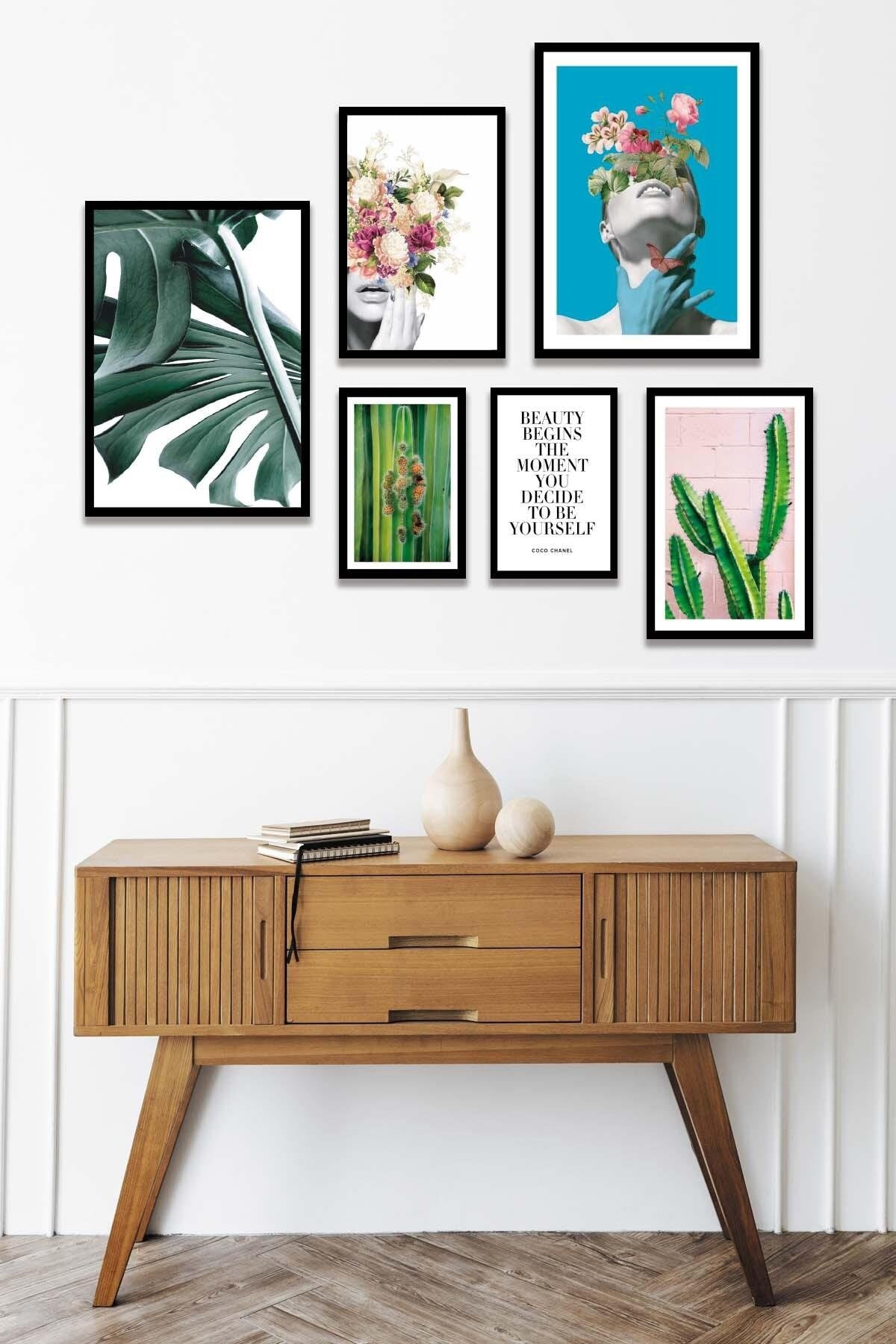 Sanatsal Kadın Yeşil Çiçek Ve Kaktüs Temalı Tablo Seti